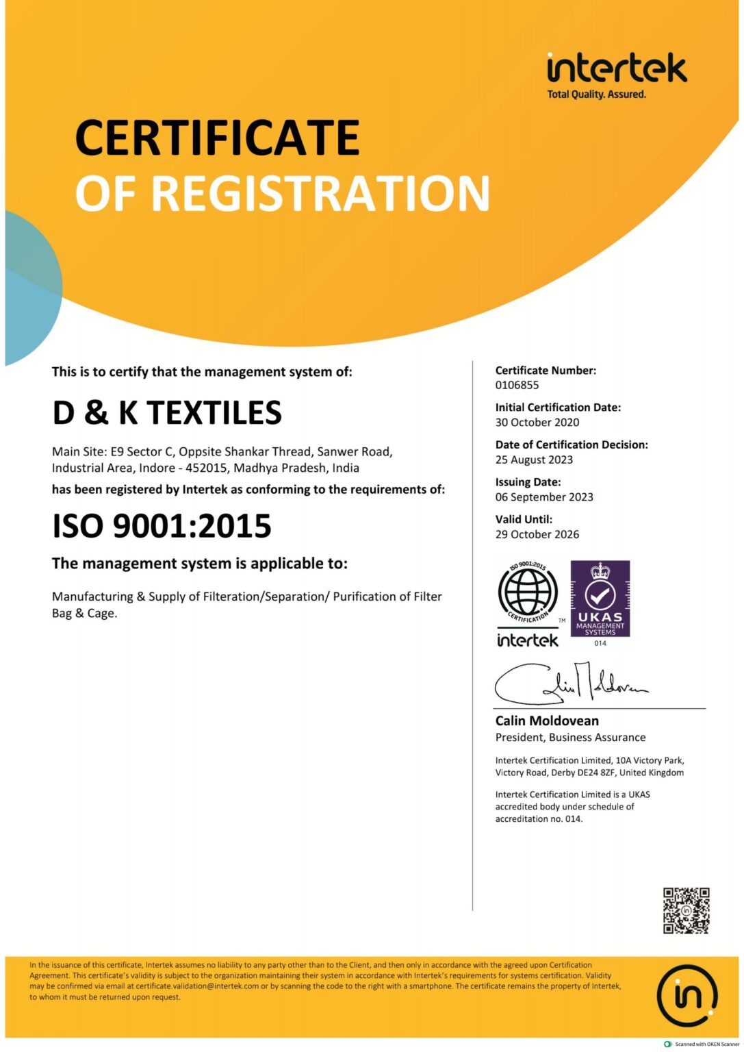 Filtech Fabrics Certification Document